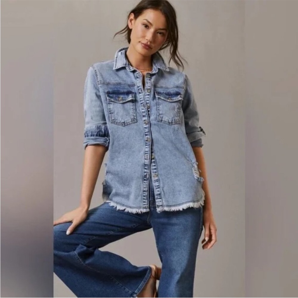 Anthropologie Denim Distressed Button-Up overshirt/jacket with frayed hem